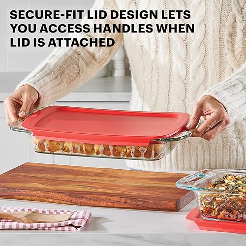 Pyrex Easy Grab 2-Pack Glass Baking Dish Set (2QT, 3QT) with Snug Fit Locking BPA-Free Lids, Rectangular Bakeware Set, Dishwasher, Microwave, Freezer & Pre-Heated Oven Safe