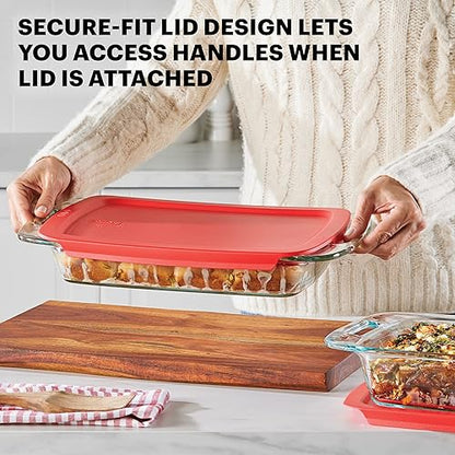 Pyrex Easy Grab 2-Pack Glass Baking Dish Set (2QT, 3QT) with Snug Fit Locking BPA-Free Lids, Rectangular Bakeware Set, Dishwasher, Microwave, Freezer & Pre-Heated Oven Safe