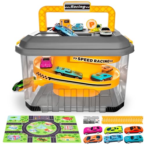 Toy Car Track Storage Playset with 12 Diecast Cars