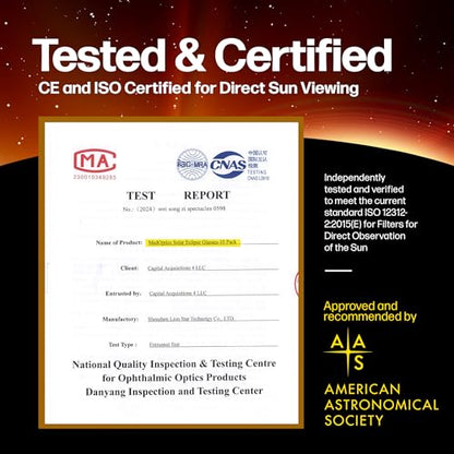 MedOptics Solar Eclipse Glasses Approved 2024 (10 Pack) - AAS, ISO & CE Certified for All Ages - Lab Tested - Includes Eclipse Path Map - Clear Visibility, One Size Fits All, Non-Scratch Lens Viewing
