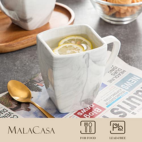MALACASA Coffee Mugs Set, 12 OZ Porcelain Square Mugs Set of 6, Marble Tea Cups Mugs with Handle for Espresso, Cappuccino,Tea and Cocoa, Series BLANCE
