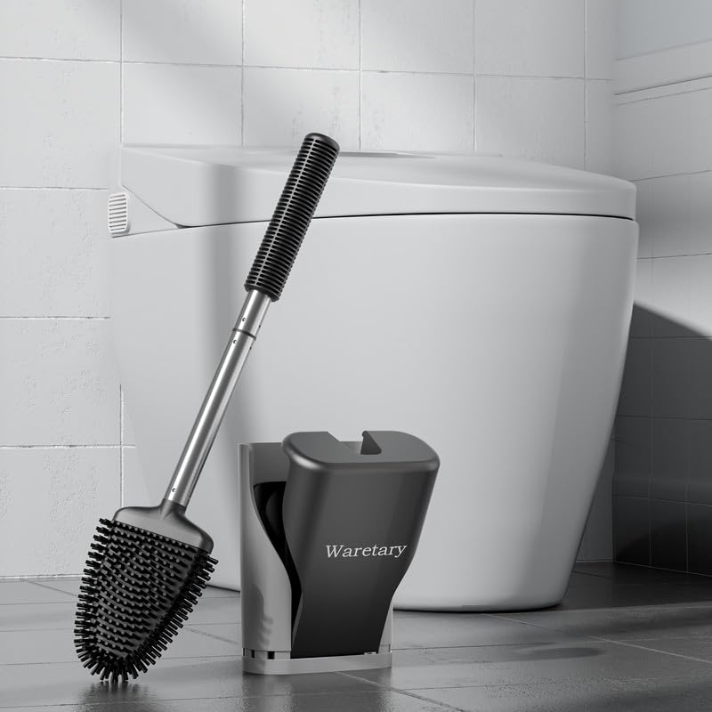 Silicone Toilet Bowl Brush with Holder: Long Handle Toilet Brush and Holder Set for Bathroom, Wall Mounted Toilet Scrubber Cleaner Brush(Black&Grey)