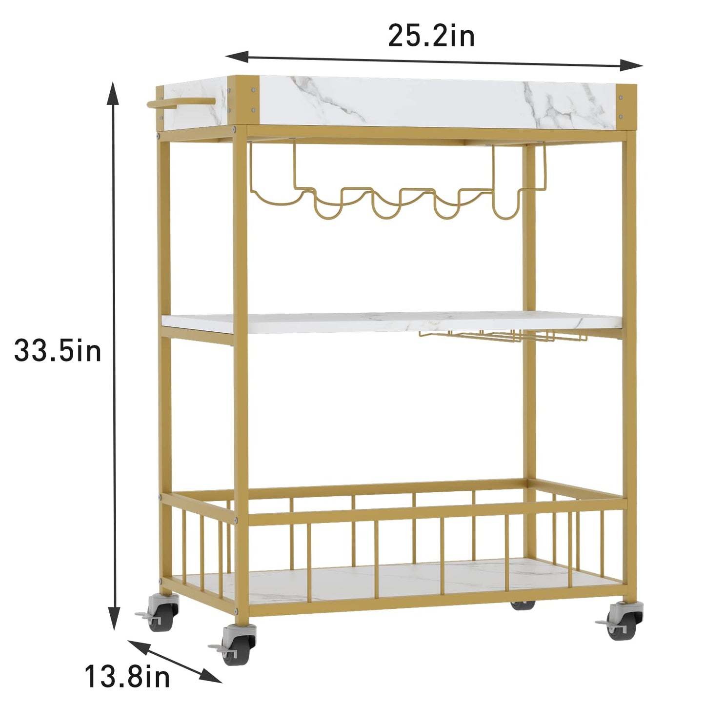 aboxoo Bar Cart White Marble 3 Tiers Removable Storage Tray with Wine Rack & Wine Glasses Holder,Rolling Beverage Mobile Bar Serving Cart with Handle Wood and Gold Steels Home Kitchen Shelf for Party