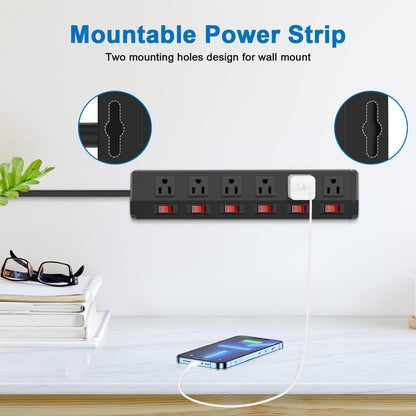 CCCEI Metal Power Strip Individual Switches 6 Outlets, Heavy Duty Power Strip Surge Protector for Appliances, 15FT Extension Cord Strip, 1200J Surge Protector 15A 120V 1800W.