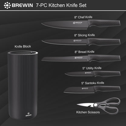 Brewin Knife Set, Kitchen Knife Set, Knives Set for Kitchen with Universal Knife Block, Utility Knife Block Set, Dishwasher Safe. Premium German Stainless Steel, The Best Gift, Black
