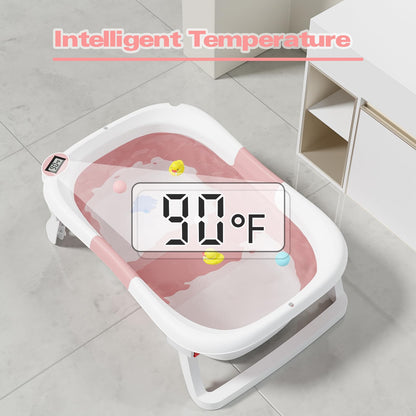 NAPEI Collapsible Baby Bathtub,Baby Bath Tub with Soft Cushion & Thermometer,Baby Bathtub Newborn to Toddler 0-36 Months,Portable Travel Baby Tub,Pink