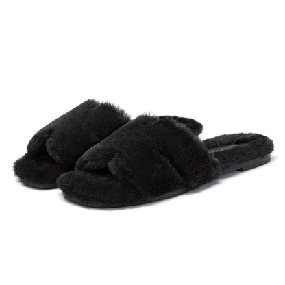 Athlefit Women's Fuzzy Slippers Cute Comfy Fluffy Open Toe Slip-on House Slide Slippers for Indoor Bedroom Bridesmaid, Black, Size 8.5, AD01354