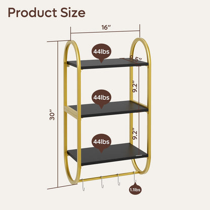 Bestier Floating Shelves for Wall, 3 Tier Wall Shelves for Bathroom with Towel Bar and Hooks, Bathroom Shelves Over Toilet, Classic Black