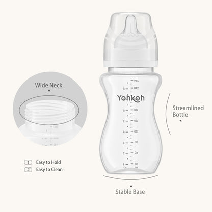 YOHKOH Natural Flow PP Baby Bottle with Natural Response Nipple, Wide Neck Anti-Colic Baby Bottles, Easy to Clean (8.8oz (Pack of 2), White)