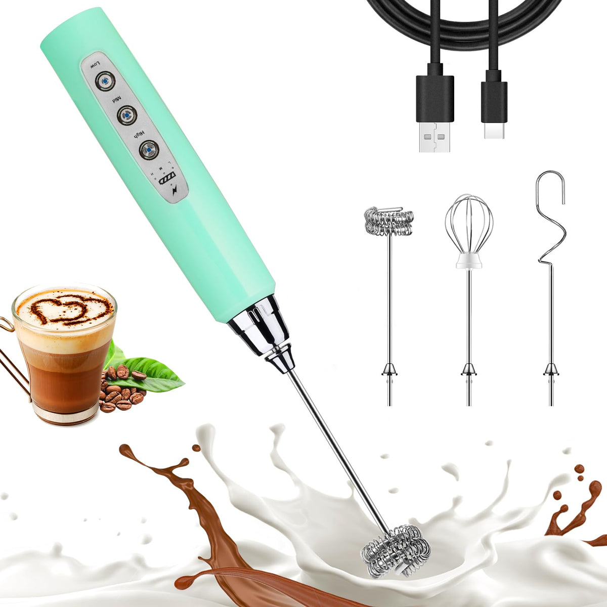 Rechargeable Handheld Milk Frother with 3 Whisk Heads