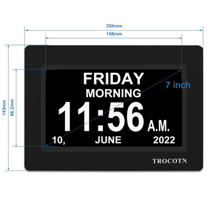 TROCOTN 7 Inches Calendar Clock Dementia Clock Large Display Alarm Clock with Auto DST for Seniors, 5 Display Modes Large Font Digital Clock with Custom Alarms Day Date Clock Wall Clock(Black)