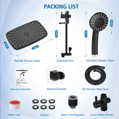Shower Head 12 Inch, High Pressure Rainfall Shower Head/Handheld Shower Combo with Extension Arm, 6 Settings Anti-leak Shower Head with Holder, Hose, Height Adjustable Dual Shower Head, Matte Black