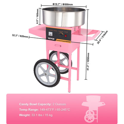 VEVOR Electric Cotton Candy Machine Cart, 1000W Commercial Floss Maker w/Stainless Steel Bowl, Sugar Scoop and Drawer, Perfect for Home, Carnival, Kids Birthday, Family Party, Pink