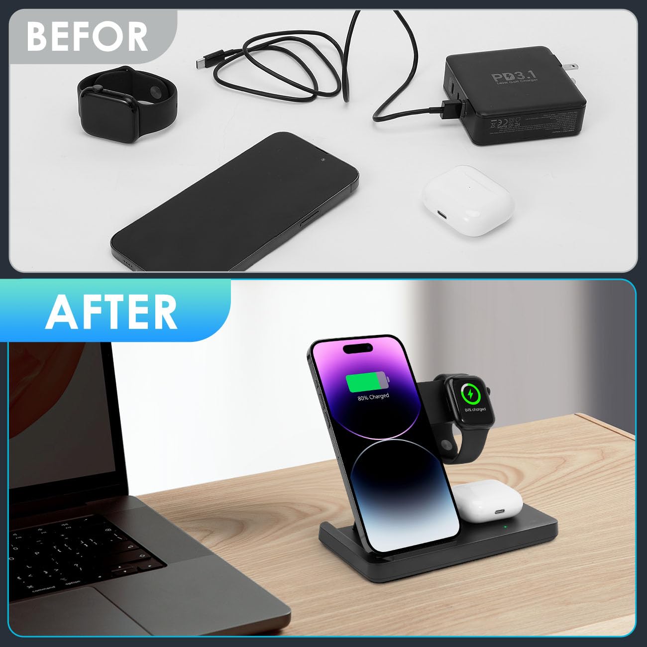 Wireless Charger, 3 in 1 Charging Station for Multi Devices, Charging Stand Dock for iPhone 8-16 Series, Apple Watch, AirPods Pro 3 2 with Adapter (Black)