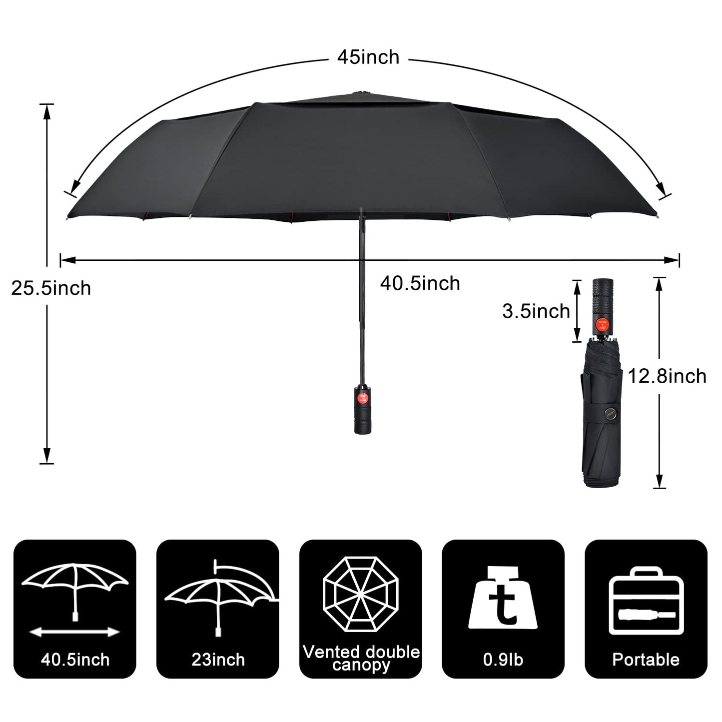 Lejorain Collapsible Umbrella Compact Travel - Portable Black Double Canopy Automatic Windproof Umbrella - Folding Striking Red Reinforced Fiberglass Frame Rain Umbrellas for Adults