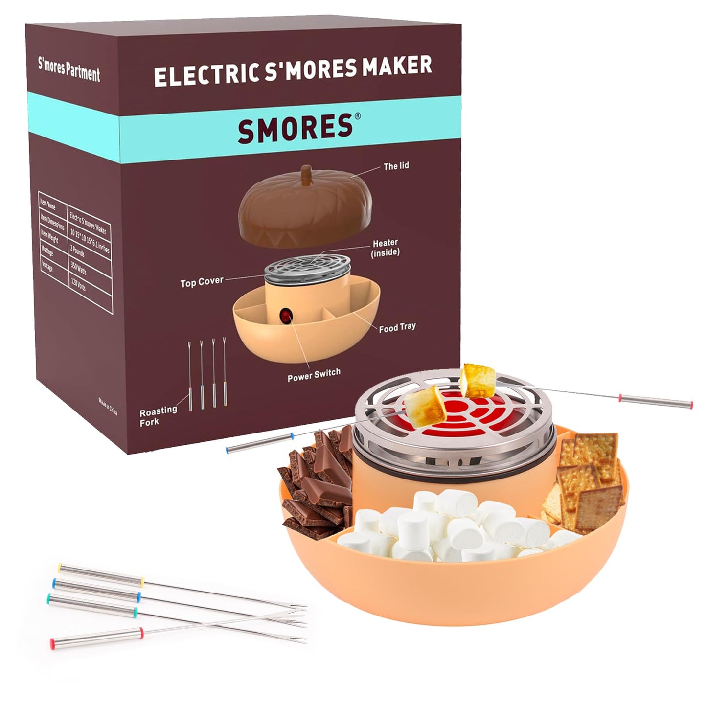 Electric S'mores Maker Tabletop Indoor, Flameless Marshmallow Roaster, Smores Kit with 4 Compartment Trays and 4 Forks, Housewarming Gifts for New House