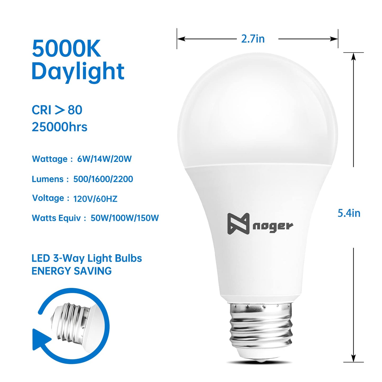 Noger 3-Way Led Light Bulbs A21 （4 Pack）, 50 100 150W Equivalent, 5000K Daylight, 3 Way E26 Light Bulbs for Reading, 500-1600-2200LM