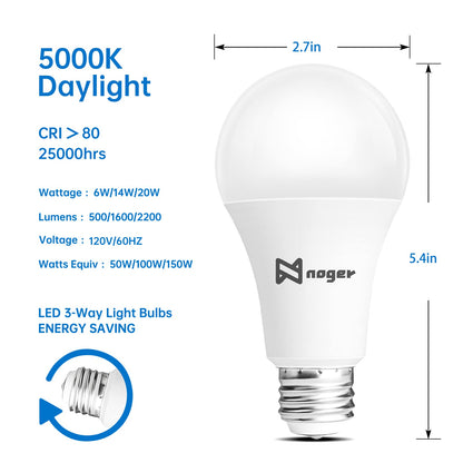 Noger 3-Way Led Light Bulbs A21 （4 Pack）, 50 100 150W Equivalent, 5000K Daylight, 3 Way E26 Light Bulbs for Reading, 500-1600-2200LM