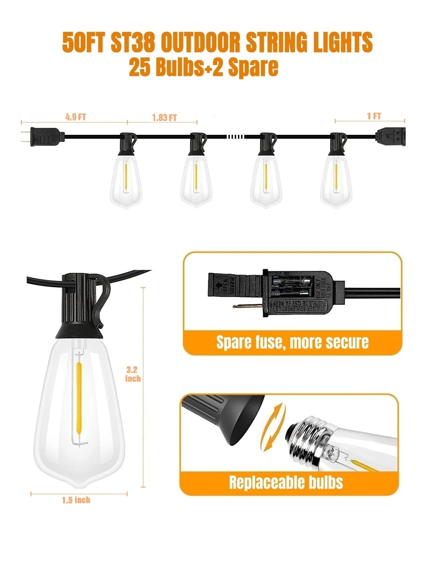 YUVITA 50FT Outdoor String Light, ST38 LED Patio Lights Waterproof with 25+2 Vintage Bulbs Shatterproof Energy Saving, 2700K Outside Hanging Edison Bulbs Lighting for Backyard,Bistro, Camping,Gazebo