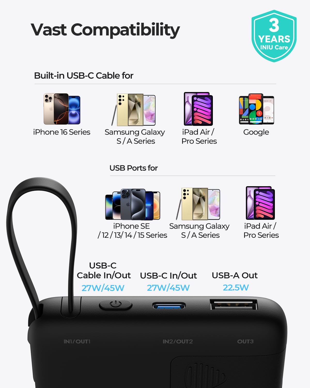 10000mAh INIU Portable Charger with USB-C Cable