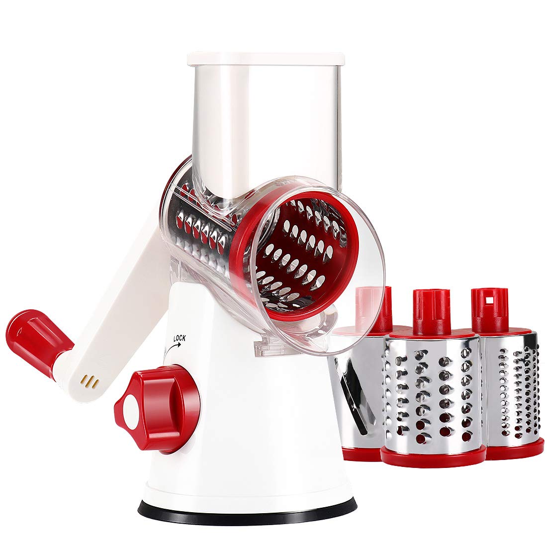 Cambom Rotary Cheese Grater Hand Crank Cheese Shredder for Fresh Cheese, Vegetable, Nuts,Non-slip Suction Base, Free Cleaning Brush Three Blades,Red White