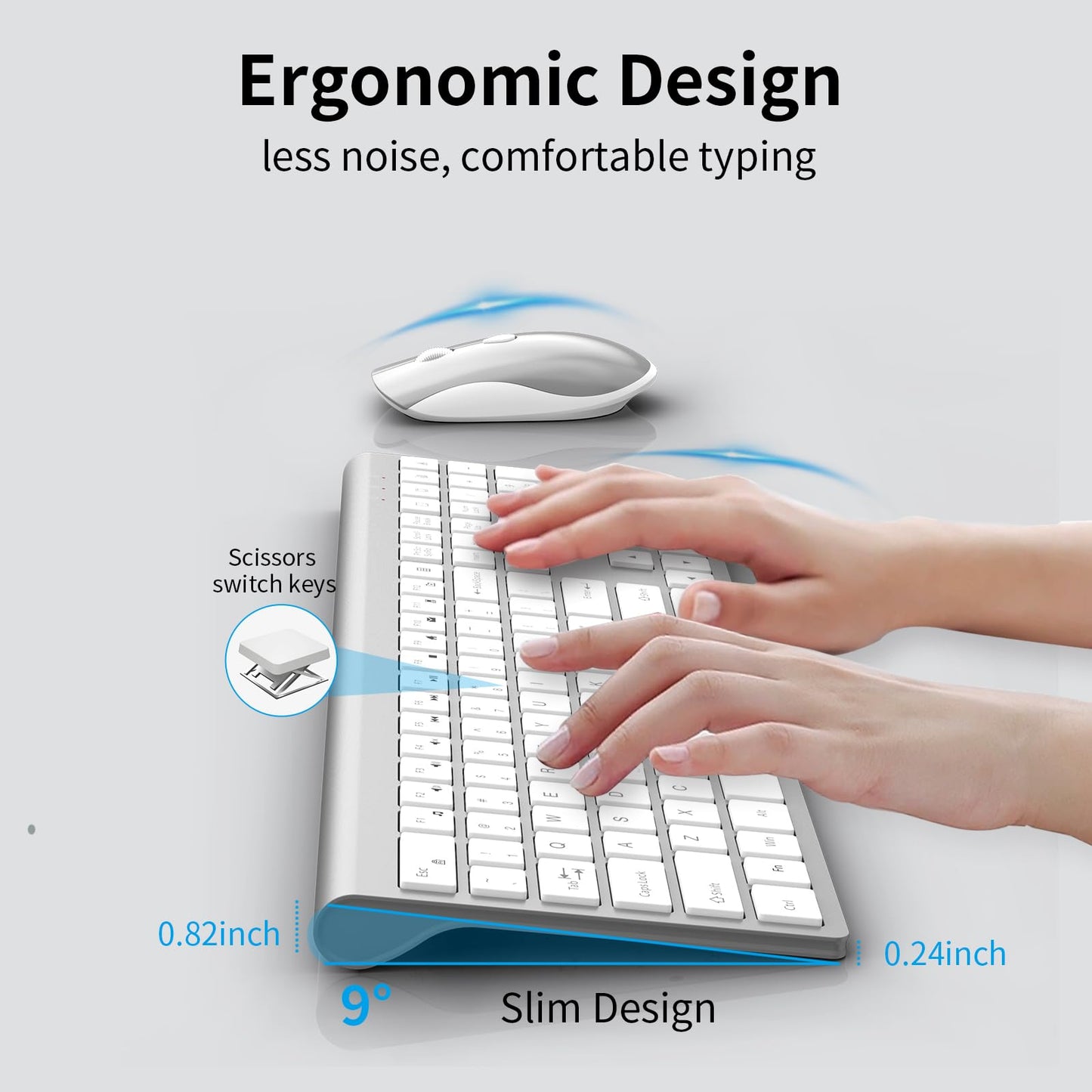 Wireless Keyboard Mouse Combo, Silent & Slim Keyboard and Mouse with USB Receiver, Quiet Click, 2400 DPI, 110 Keys Full Size & Ergonomic Computer Keyboard Set for Laptop PC Windows Mac - Silver White