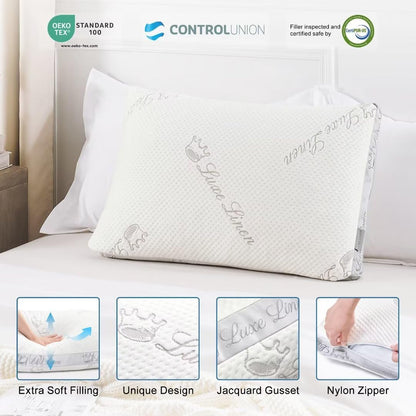 Luxe Linen Pillows Queen Size Set of 2, Shredded Memory Foam Pillows, Adjustable Bed Pillows for Sleeping, 20"x30"Organic Cotton Bed Pillows for Side, Back, Stomach Sleepers…