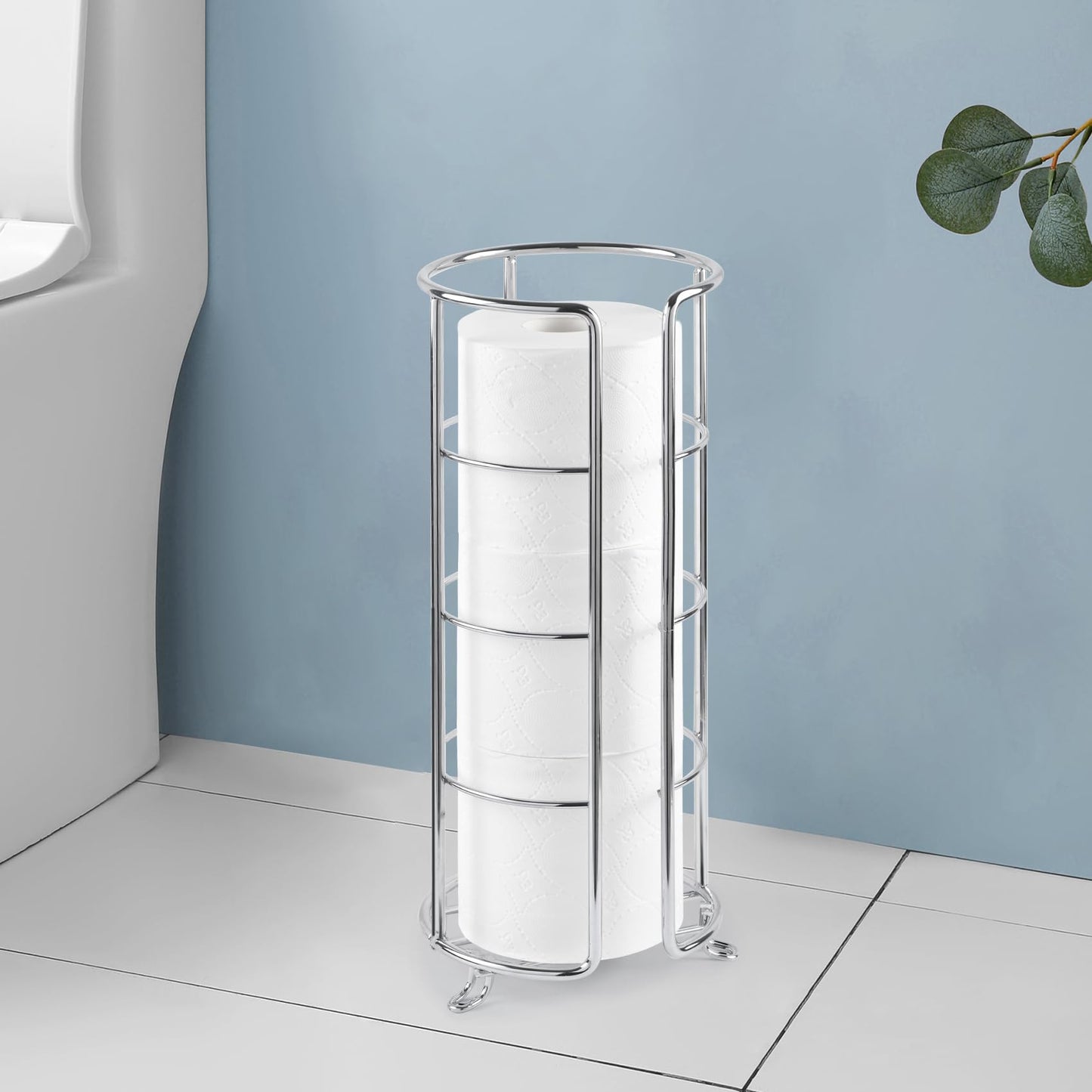 HappyHapi Toilet Paper Holder, Toilet Paper Organizer Stand, Free Standing 3 Rolls Tissue Storage, Toilet Paper Stand Metal Bathroom Accessory, Rustproof Toilet Roll Holder Silver
