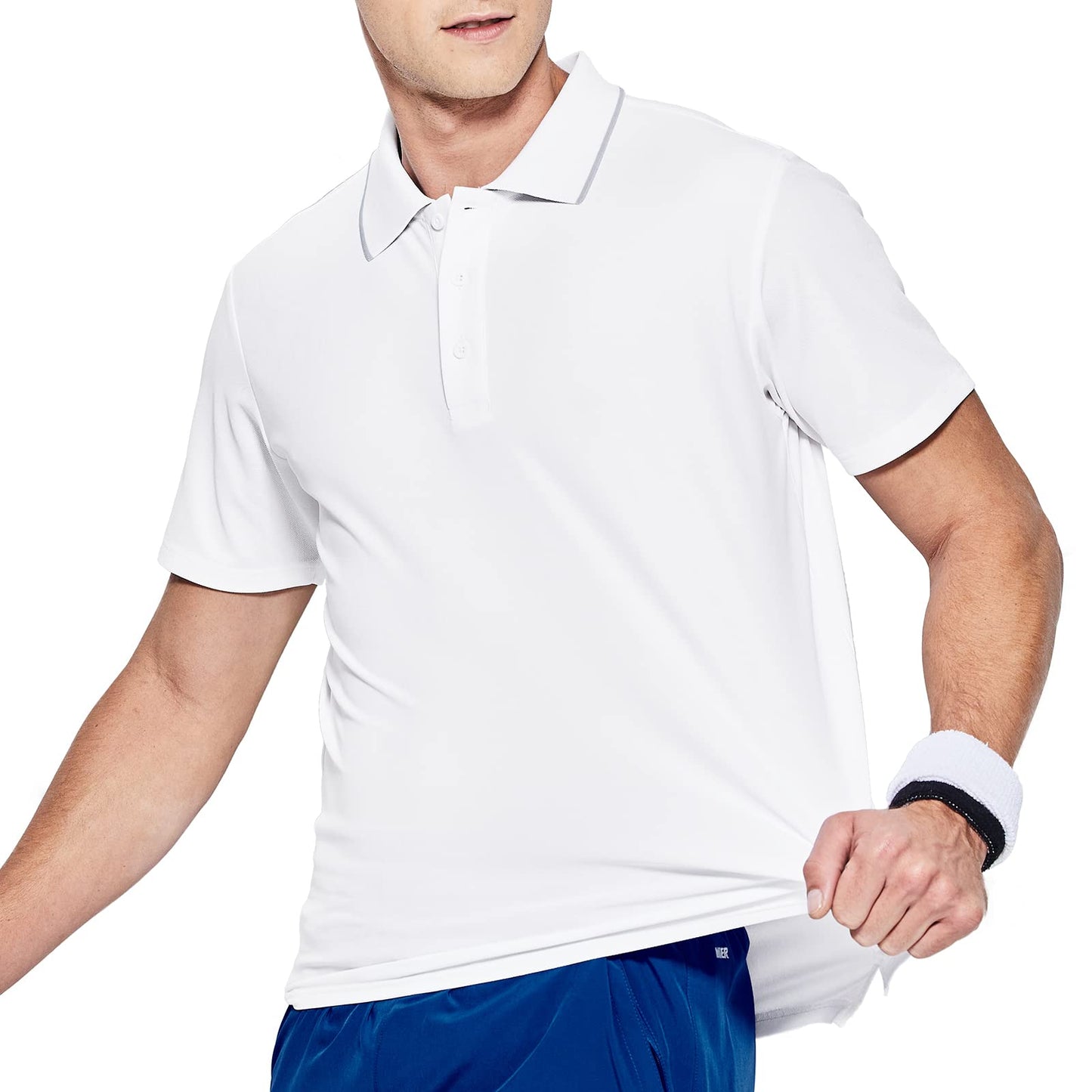 MIER Men's Short Sleeve Polo Shirt Quick Dry Tennis Golf Collared T-Shirts Contrast Collar Casual Polo Moisture Wicking, White, L