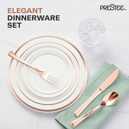 Prestee 350 Pc Disposable Dinnerware Set for 50 Guests - Rose Gold - Reusable Party Supplies Set incl. 50 of Dinner Plates, Salad Plates, Knives, Forks, Spoons and Cups, Wedding Reception Supplies