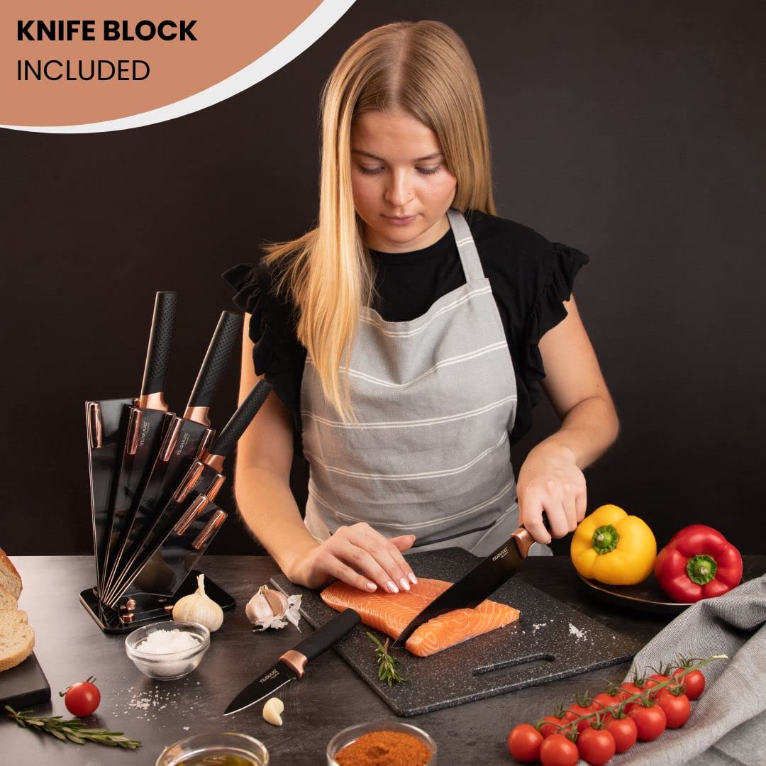 nuovva Kitchen Knife Block Set Copper 5 Piece Set with Knives Clear Acrylic Block Stainless Steel Blades