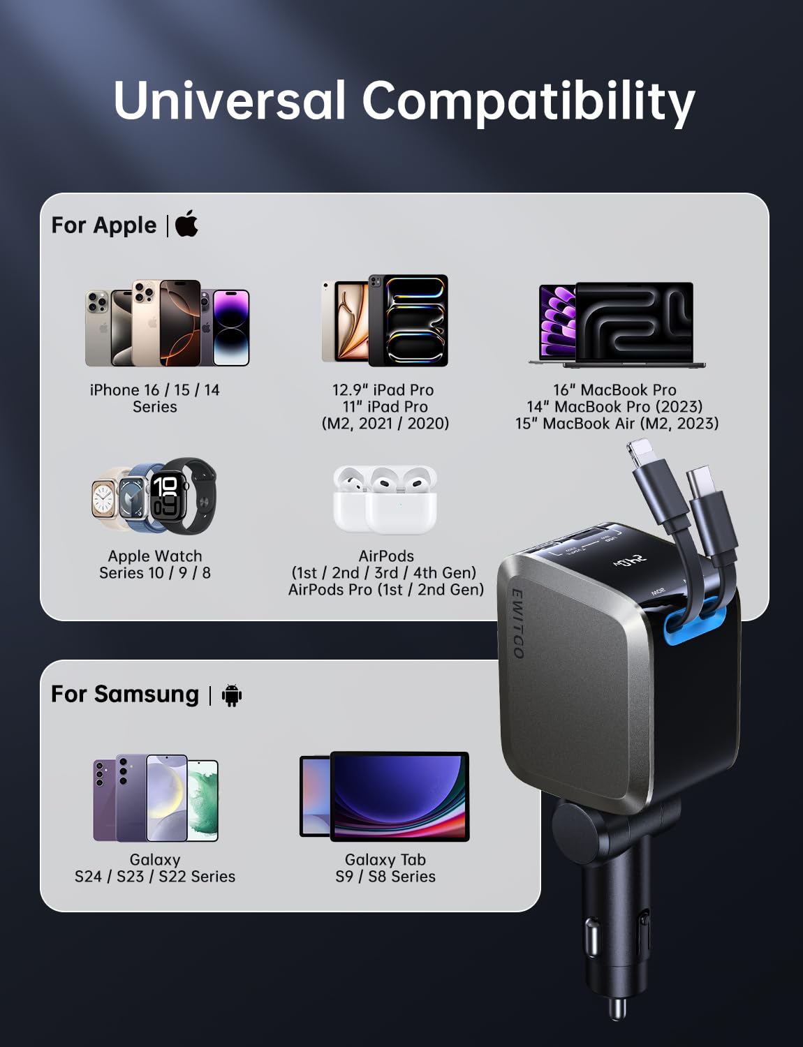 4-in-1 USB C Car Charger with Retractable Cables