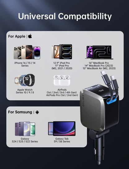 4-in-1 USB C Car Charger with Retractable Cables