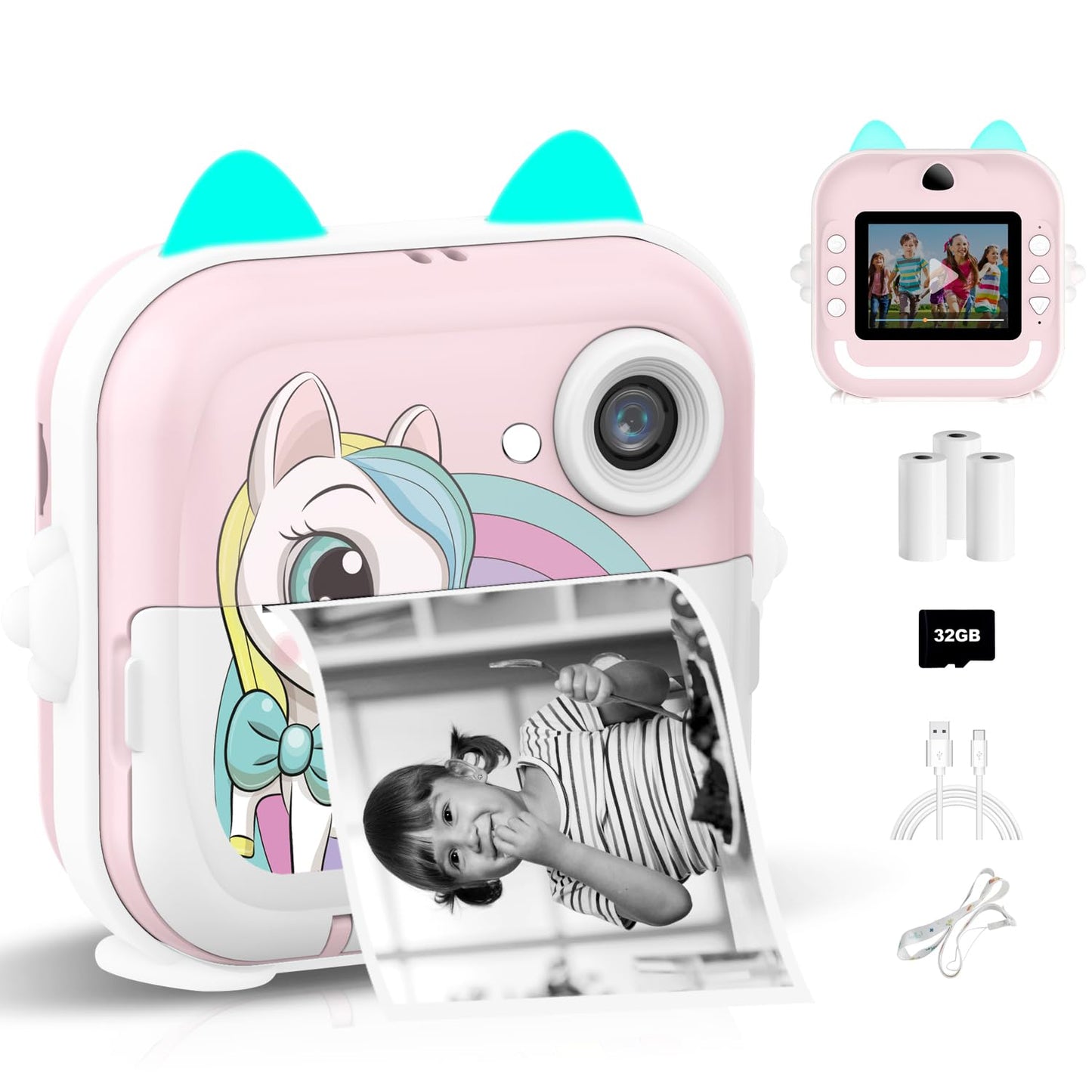 Instant Print Camera for Kids, Christmas Birthday Gifts for Girls Boys, Selfie Digital Camera with 1080P Videos, Portable Travel Camera Toy for 6+ Years Old Girl with Print Paper & 32G Card