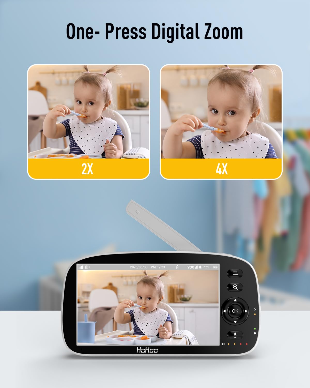 HOHOO Baby Monitor, 5" 720P HD Split Screen, 30 Hours Battery Life Baby Monitor with Camera and Audio|Remote PTZ, Two-Way Audio, Zoom, Night Vision, Lullabies, 960ft Long Range