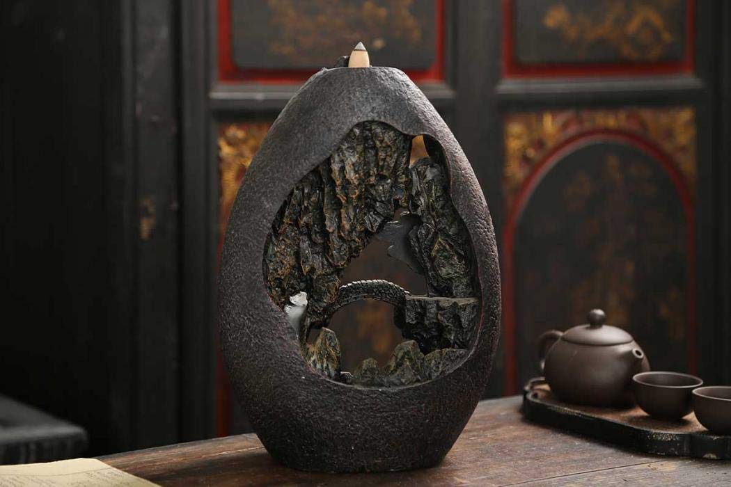 Landscape Backflow Incense Burner Cone Incense Burner Smoke Waterfall Resin Handmade Home Decor Gift Set with 120 Upgraded Cones,30 Incense Sticks,1Tweezer,1Mat