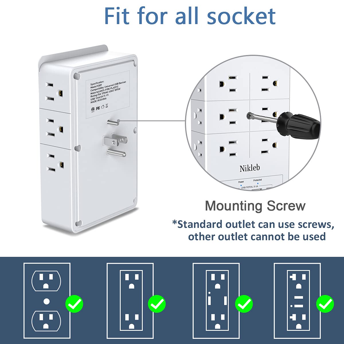 Nikleb Surge Protector with USB Ports, 3.1A