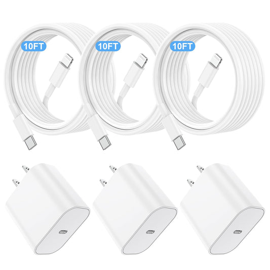 i Phone Charger Fast Charging 10 FT, 3-Pack 20W PD USB C Charger Block with i Phone 14 13 Charger Cable 10 Foot, Compatible with iPhone 14 Pro/13Pro Max/12/11Pro/Mini - White