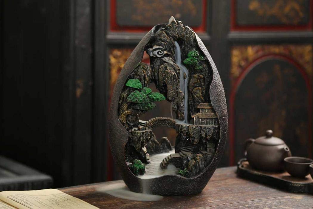 Landscape Backflow Incense Burner Cone Incense Burner Smoke Waterfall Resin Handmade Home Decor Gift Set with 120 Upgraded Cones,30 Incense Sticks,1Tweezer,1Mat
