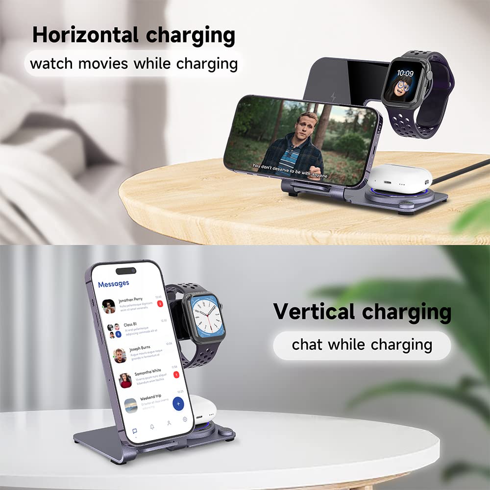 Wireless Charger, Aluminum Alloy 3 in 1 Wireless Charging Station for Apple iPhone/iWatch/Airpods,iPhone15 14,13,12,11 (Pro, ProMax)/XS/XR/XS/X/8(Plus),iWatch8/7/6/SE/5/4/3/2,AirPods 3/2/pro