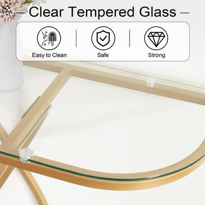 HOMBAZAAR Modern Entryway Table, Glass Entrance Sofa Table with Oval Frames and Marbling MDF Base, Chrome Glass Console Table for Living Room, Entryway, Hallway, Bedroom,（Gold，Clear Glass）