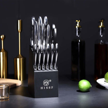 Knife set, HISSF Knife Set for Kitchen with Block, 14 Piece Kitchen Knife Set with Built-in Sharpener, Professional High Carbon Stainless Steel Kitchen Knives For Chopping, Slicing, Dicing