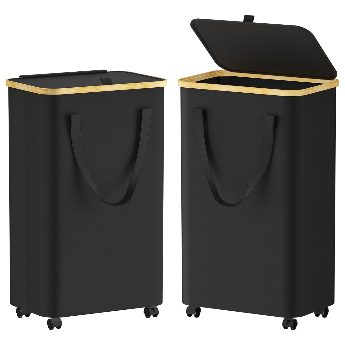 Azlafu Rolling Laundry Basket with Wheels 2-Pack, 75L Tall Slim Laundry Hamper with Lid, Waterproof Dirty Clothes Hampers for Laundry, Bedroom, Bathroom, Black Hamper with Handles for Clothes and Toys