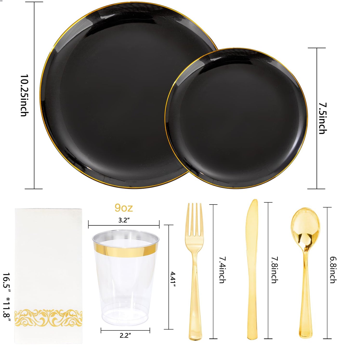 Supernal 350pcs Black & Gold Plastic Dinnerware Set, Elegant Black Plates with Golden Edges, Gold Plastic Silverware, Durable Tableware Perfect for Birthdays, Parties, Wedding, Celebration