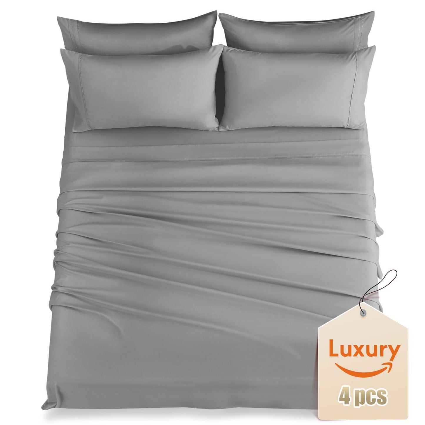 Luxury Silky Soft Bed Sheet Set, 4 Piece,Twin Size, Fits 16 inch Deep Pocket Mattresses, Wrinkle Free & Breathable Cooling, Light Grey Bedding Sheets (Fitted Sheet, Flat Sheet, Pillowcases)