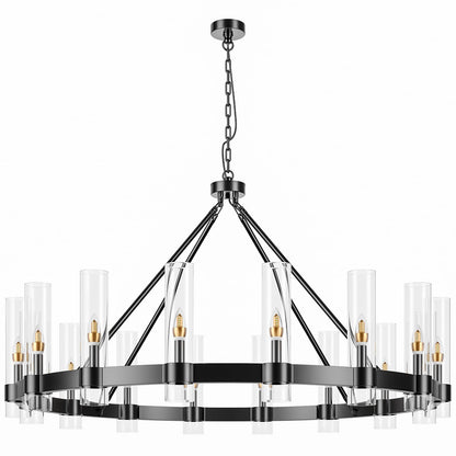 48" Black Wagon Wheel Chandelier with Glass Shade