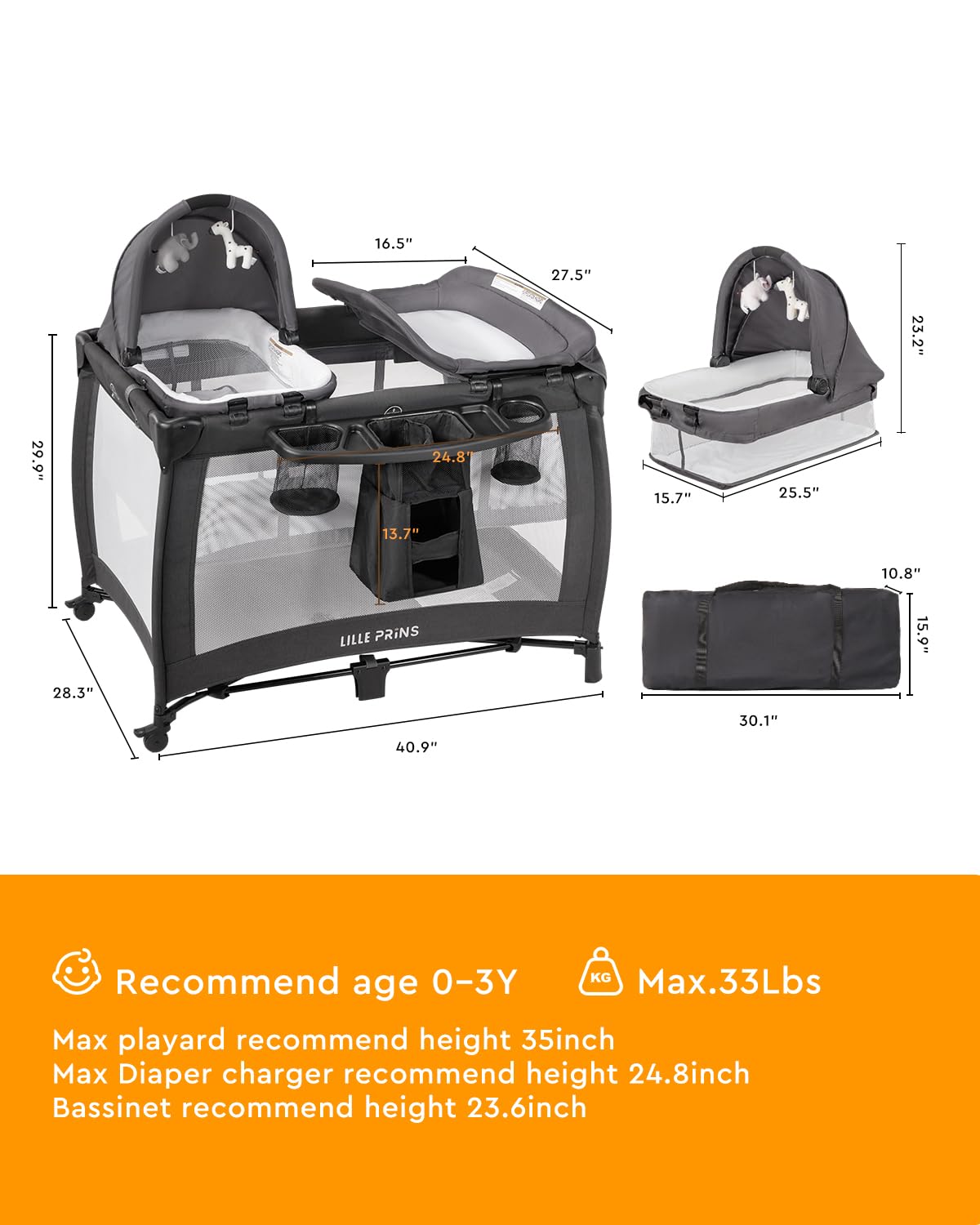 LILLEPRINS 4-in-1 Portable Baby Playpen with Bassinet