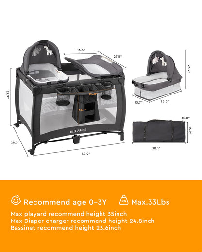 LILLEPRINS 4-in-1 Portable Baby Playpen with Bassinet