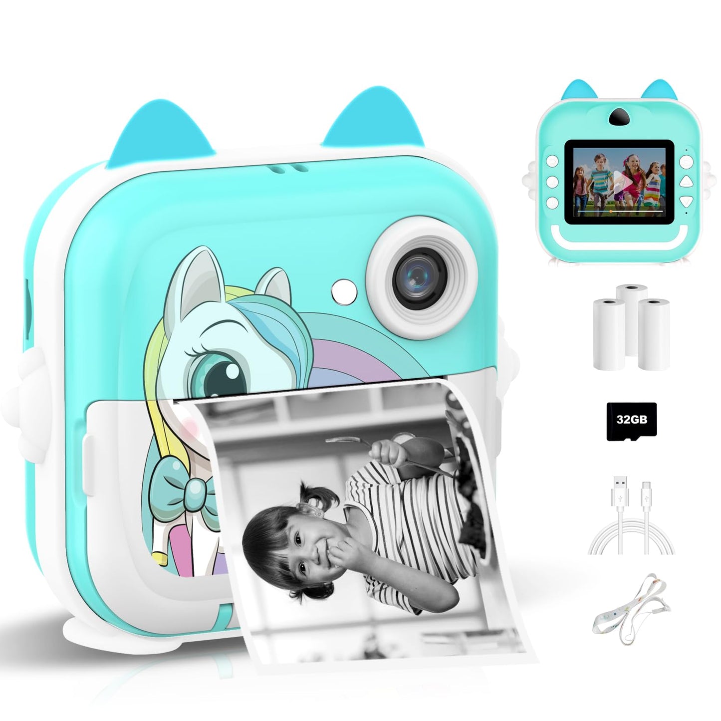 Instant Print Camera for Kids, Christmas Birthday Gifts for Girls Boys, Selfie Digital Camera with 1080P Videos, Portable Travel Camera Toy for 6+ Years Old Girl with Print Paper & 32G Card