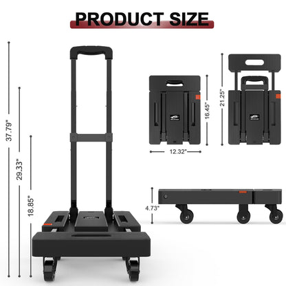 SOLEJAZZ Folding Hand Truck Portable Dolly for Moving, 500LB Luggage Cart Dolly with 6 Wheels & 2 Bungee Cords for Travel, Moving, Shopping Use, Black